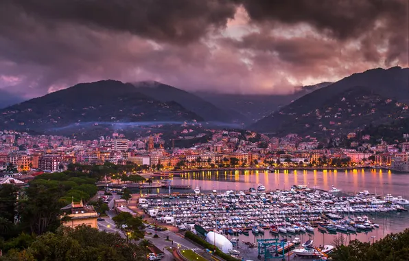 Sea, mountains, the city, Bay, the evening, yacht