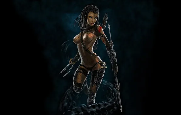 Girl, network, blood, minimalism, predator, spear, Predator, swords