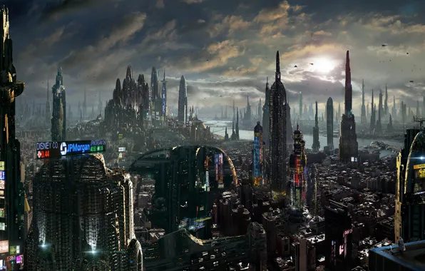 Picture the sky, clouds, the city, dawn, home, skyscrapers, advertising, megapolis