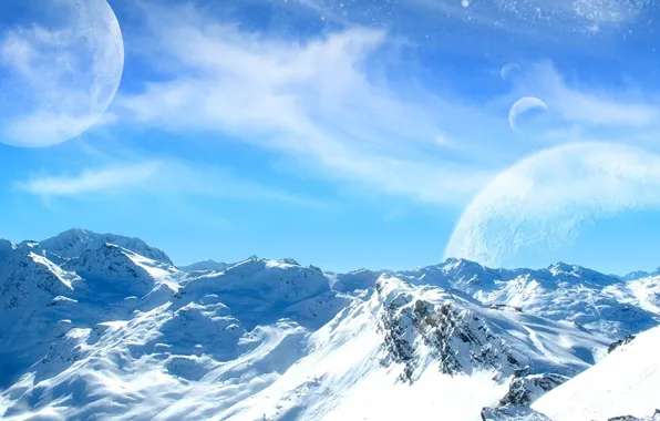 Cold, the sky, snow, mountains, the moon, planet