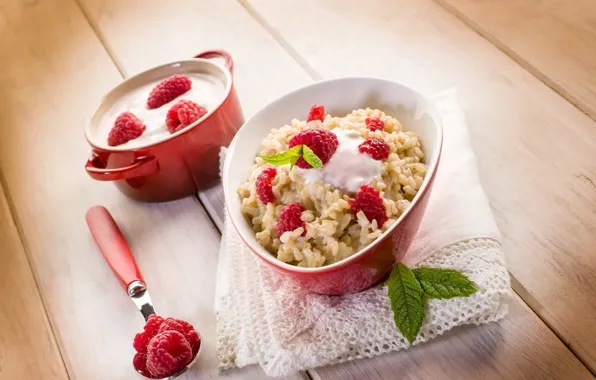 Picture raspberry, food, Breakfast, cream, spoon, Cup, pan, porridge