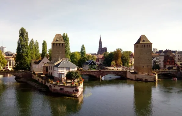 Bridge, river, France, tower, home, channel, Strasbourg