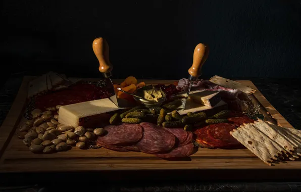 Light, table, food, cheese, bowl, black background, still life, sausage