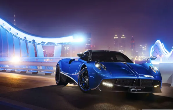 Pagani, Blue, Front, Supercar, To huayr, Track, Ligth, Nigth