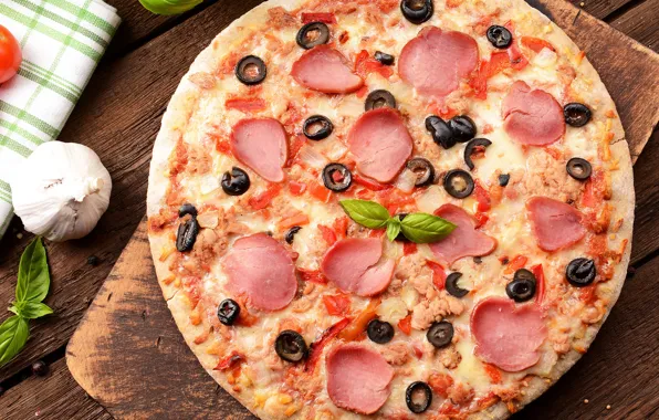 Greens, cheese, Board, pizza, tomatoes, olives, pizza, cheese