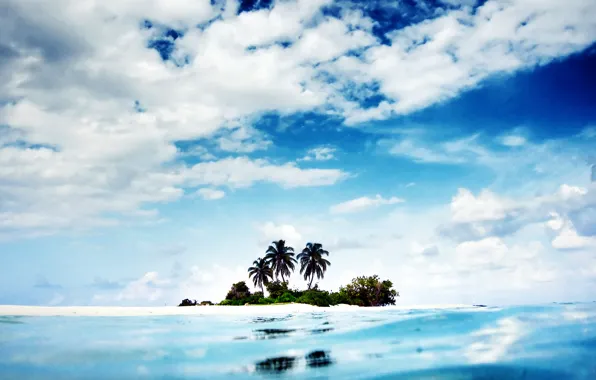 The sky, water, clouds, landscape, palm trees, the ocean, island, Nature