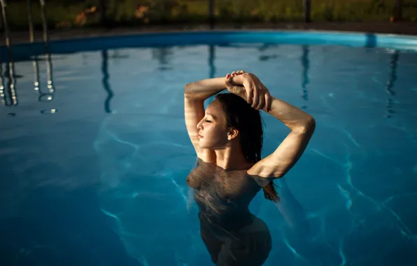 The sun, pose, model, naked, body, pool, makeup, figure