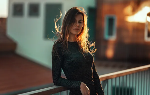 The sun, pose, portrait, figure, dress, hairstyle, railings, brown hair