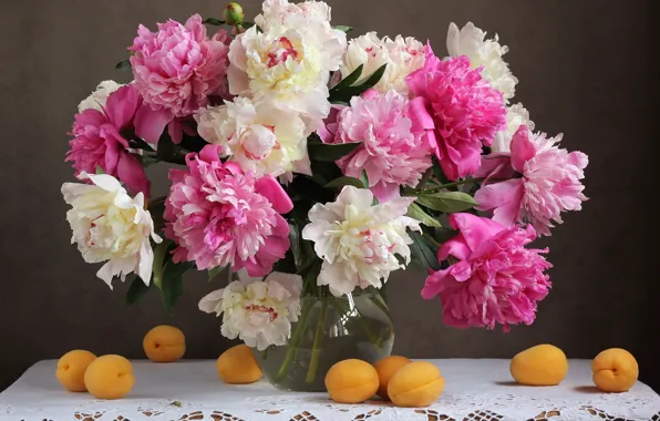 Bouquet, vase, pink, still life, pink, fruit, peonies, still life