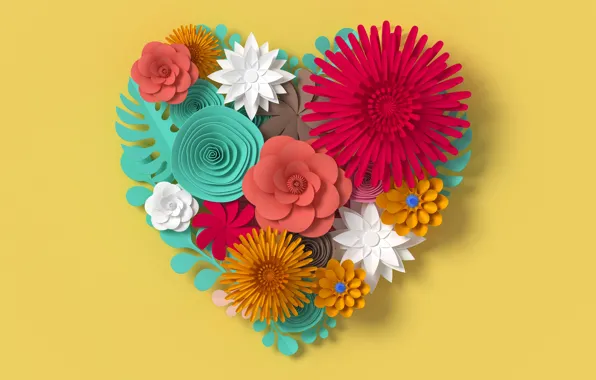 Flowers, rendering, pattern, heart, colorful, love, heart, flowers