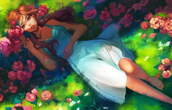 Picture summer, grass, lies, red, art, sundress, red roses, barefoot
