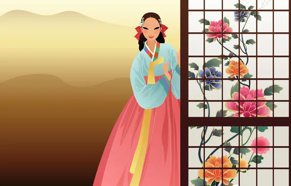 Picture girl, flowers, art, Asian, hanbok