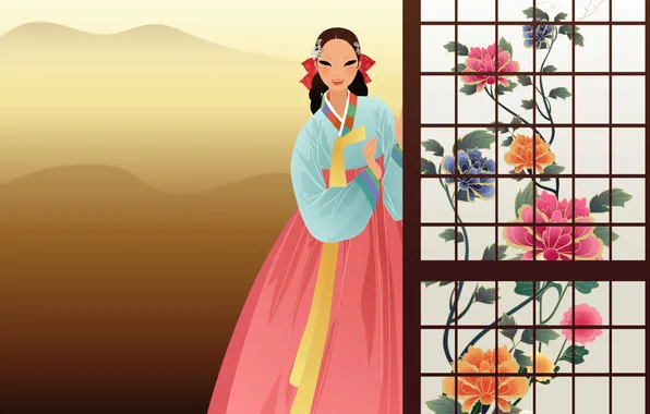 Girl, flowers, art, Asian, hanbok