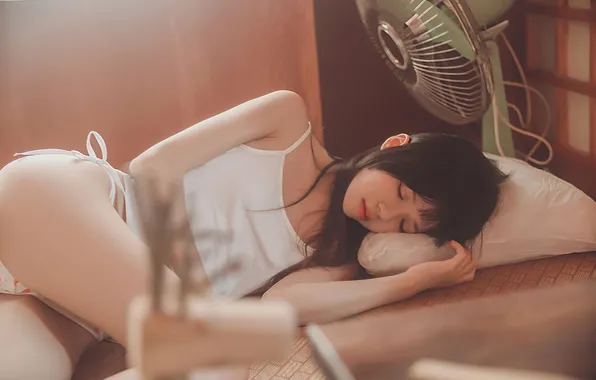 Beautiful, Asian, Model, Woman, Pretty, Sleeping, Floor, Fan