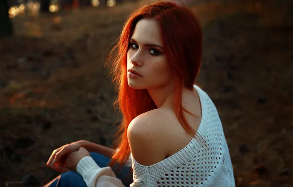 Look, girl, face, portrait, red, shoulders, redhead, Angelina