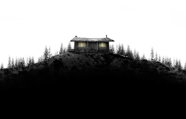 Forest, trees, house, black and white, hill, house, hut, in the woods