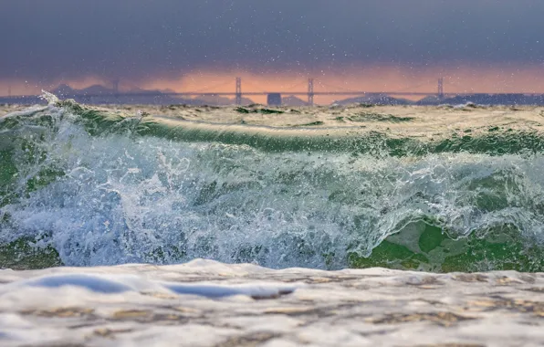 Sea, wave, storm, bridge, nature, shore, Japan