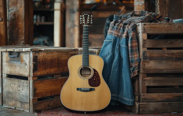 Music, guitar, boxes, shirt, box, the room, musical instrument, wooden