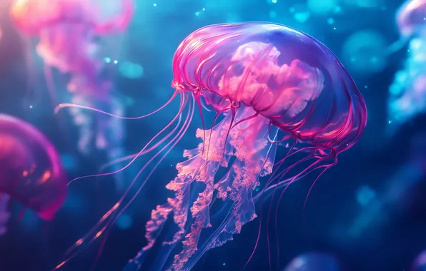 The ocean, Medusa, glow, colorful, colorful, jellyfish, glowing, pink and blue