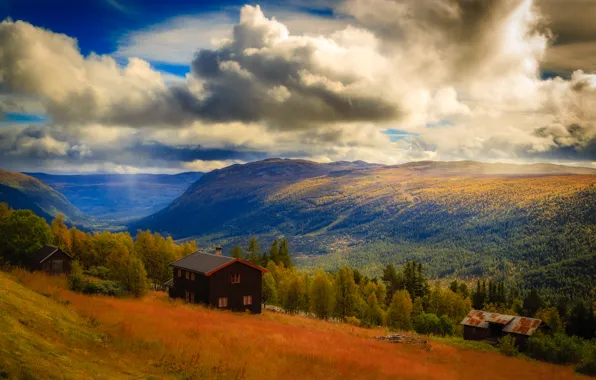 Picture forest, the sky, clouds, mountains, house, Norway, national Park, The Hardangervidda