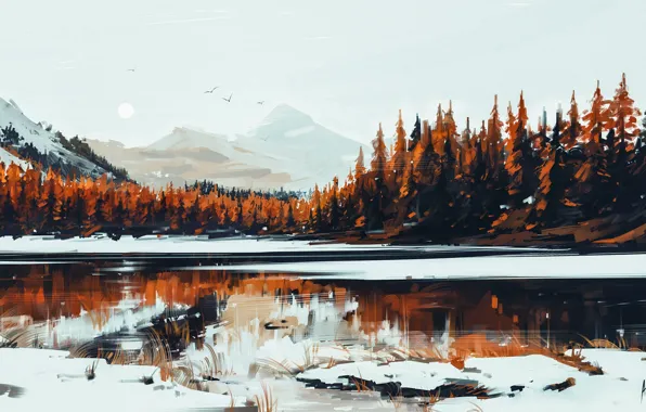 Nature, Winter, Figure, Lake, Snow, Forest, Serenity, Aenami