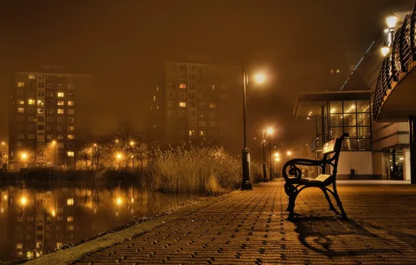 Autumn, bench, night landscape