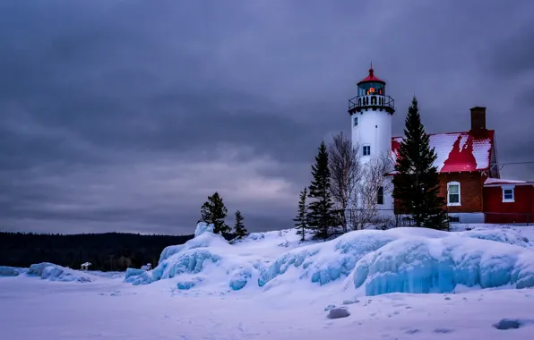 Winter, snow, landscape, lake, lighthouse, ice, Michigan, USA