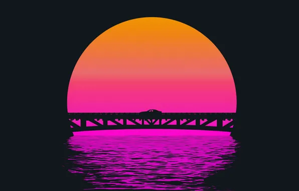 Sunset, The sun, Bridge, Music, Silhouette, Background, 80s, Neon