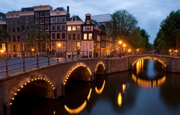 Picture bridge, lights, Amsterdam, crossroads, angle, channel, Netherlands, twilight