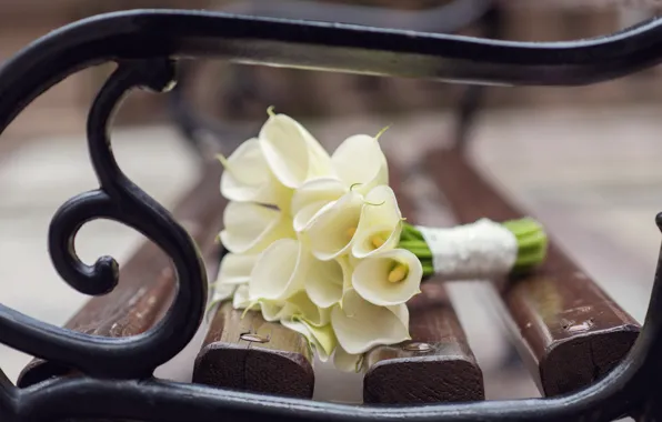 Bench, bouquet, white, flowers, wedding, Kala, wedding bouquet