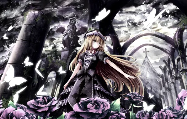 Night, cross, cemetery, ruins, game, Touhou, black magic, Yukari yakumo