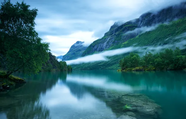 The sky, clouds, trees, fog, surface, stones, the bottom, The Scandinavian mountains