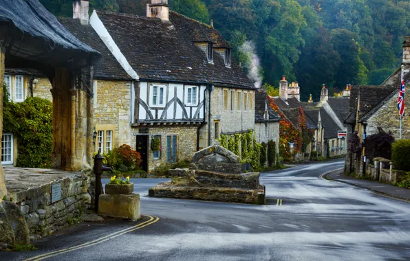 Picture road, trees, England, home, village, Castle Combe