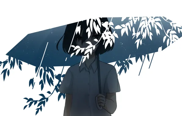 Picture look, leaves, branches, girl, white background, under the umbrella