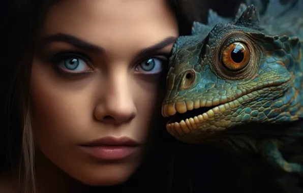 Look, girl, face, portrait, lizard, fantasy, art, black background