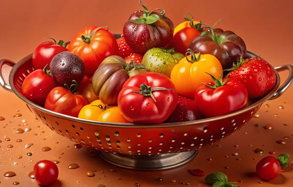 Drops, tomatoes, a lot, tomatoes, home, дуршлыг, AI art, neural network