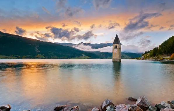 Lake, tower, Italy, the bell tower, South Tyrol, Reschensee