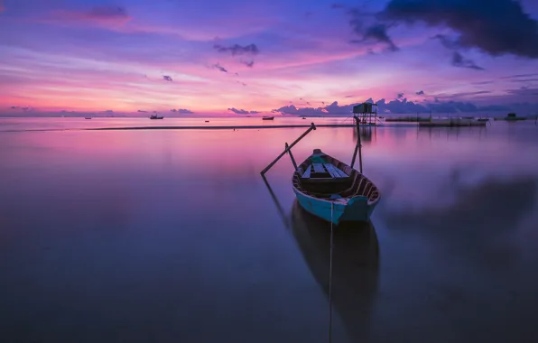 Picture sea, the sky, clouds, sunset, reflection, boat, the evening, rope