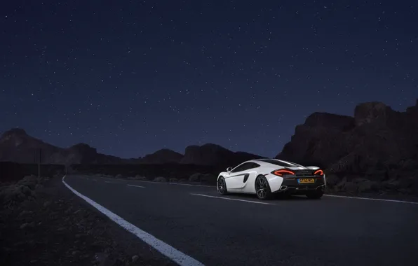 Picture road, auto, white, the sky, McLaren, stars, supercar, 570GT