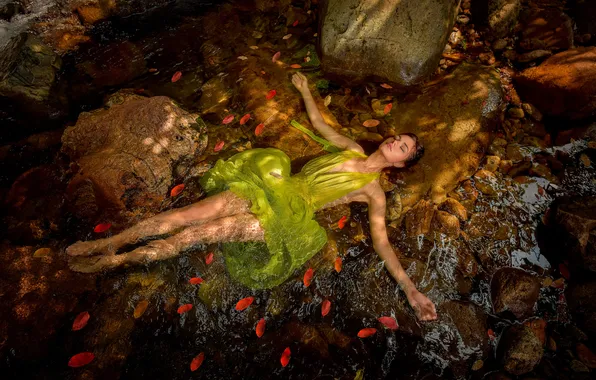 Summer, look, leaves, water, girl, light, nature, pose