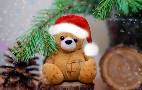Snowflakes, background, spruce, bear, Christmas mood