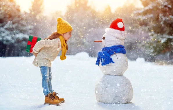 Mood, Winter, Snow, scarf, Children, Jeans, Girl, New year