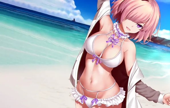 Girl, sexy, beach, sea, boobs, anime, beautiful, short hair