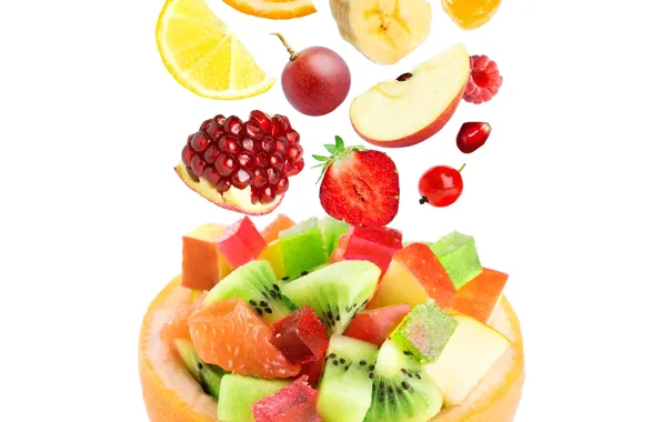 Apple, Apple, orange, kiwi, strawberry, grapes, fruit, banana