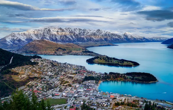 The sky, clouds, trees, landscape, mountains, shore, home, New Zealand