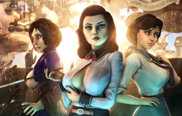 Erotic, chest, girl, city, Columbia, Elizabeth, bioshock infinite