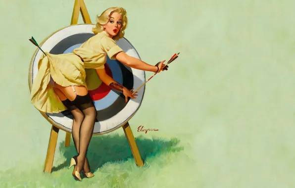 Retro, figure, stockings, dress, blonde, arrow, target, pin-up
