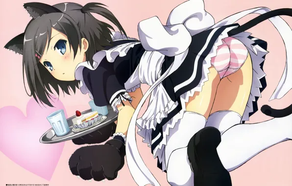Glass, pink background, uniform, the maid, tray, a piece of cake, cat ears, Tsukiko Tsutsukakushi