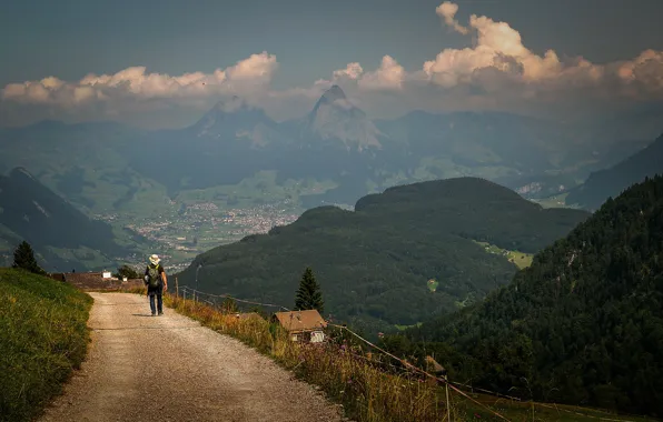 Road, forest, clouds, mountains, fog, the slopes, tops, people