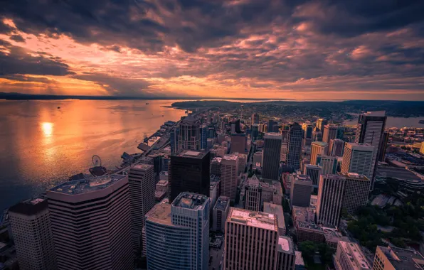 The sky, the sun, clouds, sunset, the city, shore, building, home